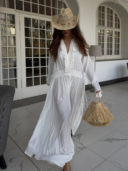 Elegant Solid Flounces Dresses Chic Loose V Neck Full Sleeve Female Long Robes New Lady Summer Commute Vacation Dress 2025