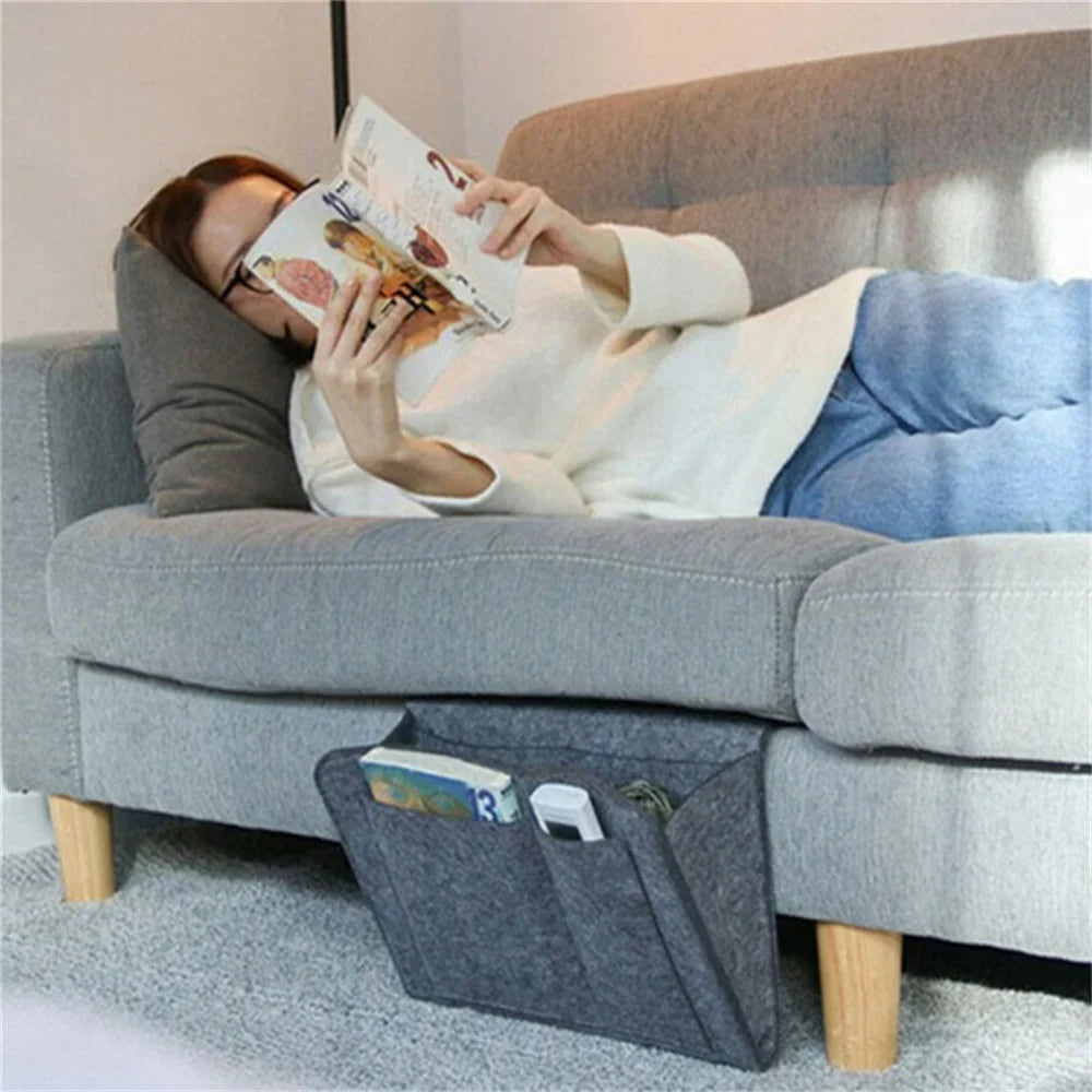 Hanging Storage Bag for Bed Sofa Side, Phone Book Magazine Holder Pockets, Baby Tissue Box, Felt Bedside Storage Organizer Pouch