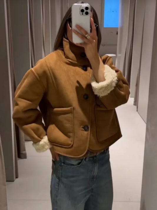Casual Reversible Lamb Wool Coat Women Stand Collar Single Breasted Pocket Loose Short Warm Jacket Lady Commute Office Jackets