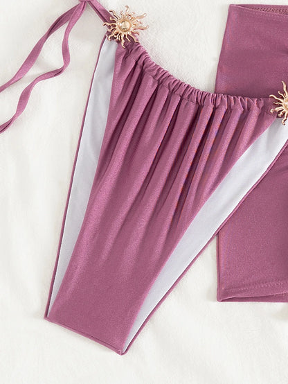 Sexy Metal Sun Ornament Bikini Women Purple Pleate Cross Push Up Mesh Skirt 3 Piece Swimsuit 2025 Beach Bathing Suit Swimwear