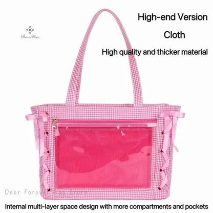 Japanese Sweet Women Ribbon Ita Bag Cute Lolita Girl Transparent Handbags Fashion Large Capacity Tote Bag Aesthetic Shoulder Bag