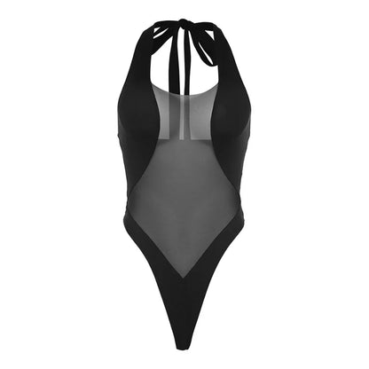 Black Bodysuit, Women's Underwear, Jumpsuit, Tight Corset, Top, See Through Mesh, Deep V-polyester Swimsuit