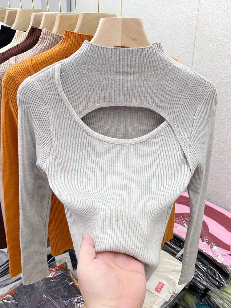 2025 Autumn Winter Sexy Hollow Out Women Sweaters Tops Slim Vintage Jumper Soft Warm Pull Female Casual Pullover Knitted Sweater