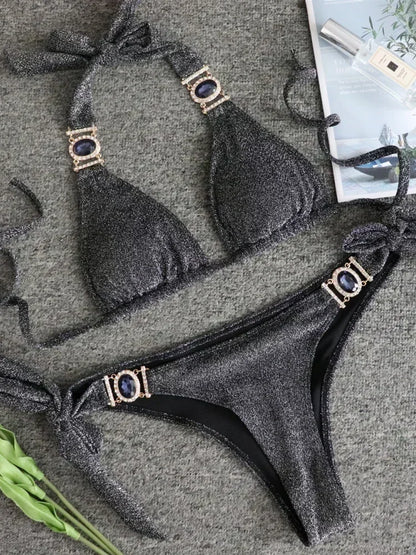 Halter Crystal Rhinestone Diamond Bikini 2025 Female Swimsuit Women Swimwear Two Pieces Bikini set Brazilian Bathing Suit Swim