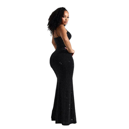 Women Camisole Dress Sheath Party Dresses Ankle Length Vestidos Sleeveless Slim 2025 Diamonds Slight Strech Summer Spliced