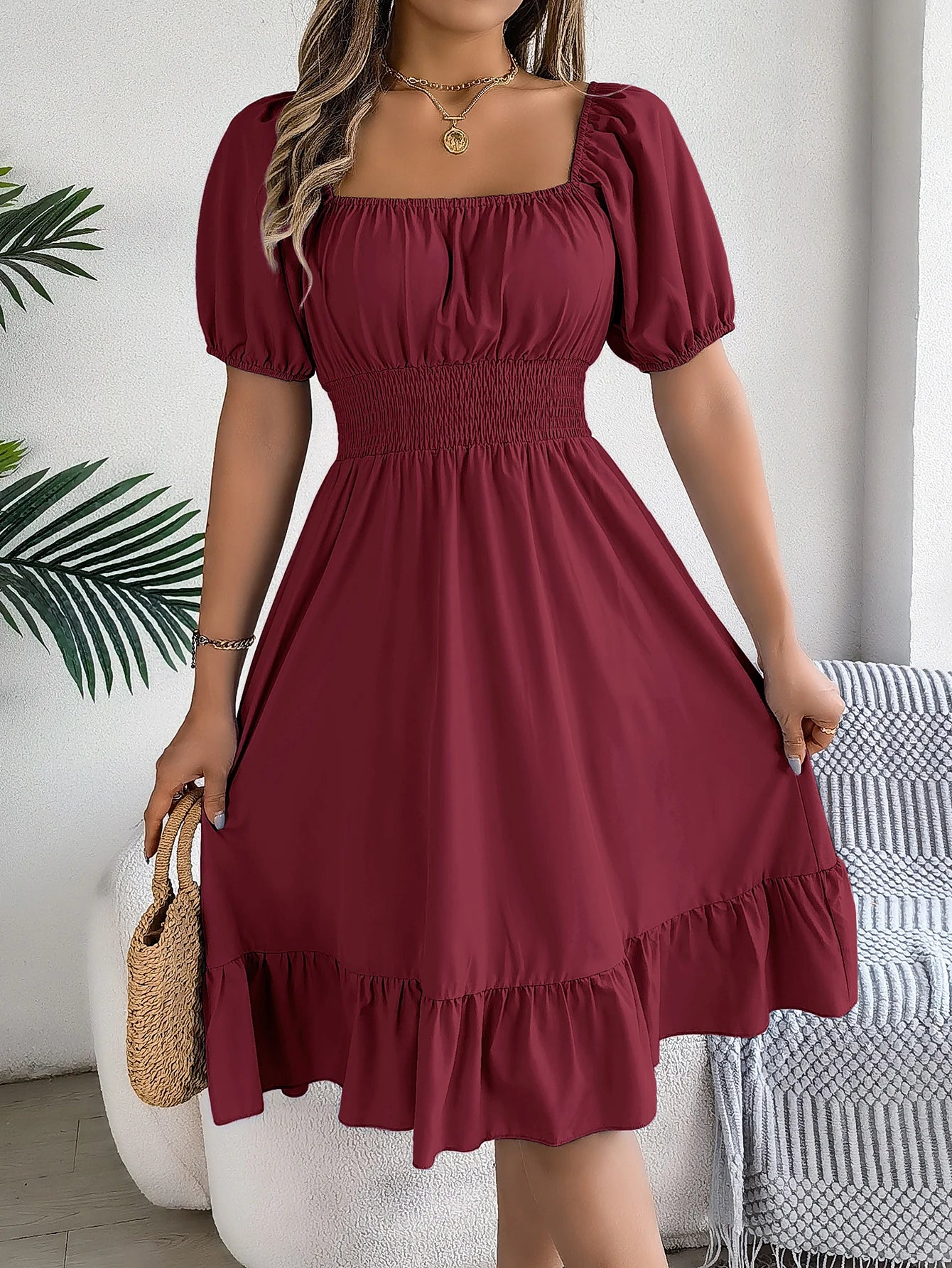 2024 New Fashion Solid Puff Sleeve Square Neck Ruched Bust Ruffle Hem Wasit Dress, Women's Clothing