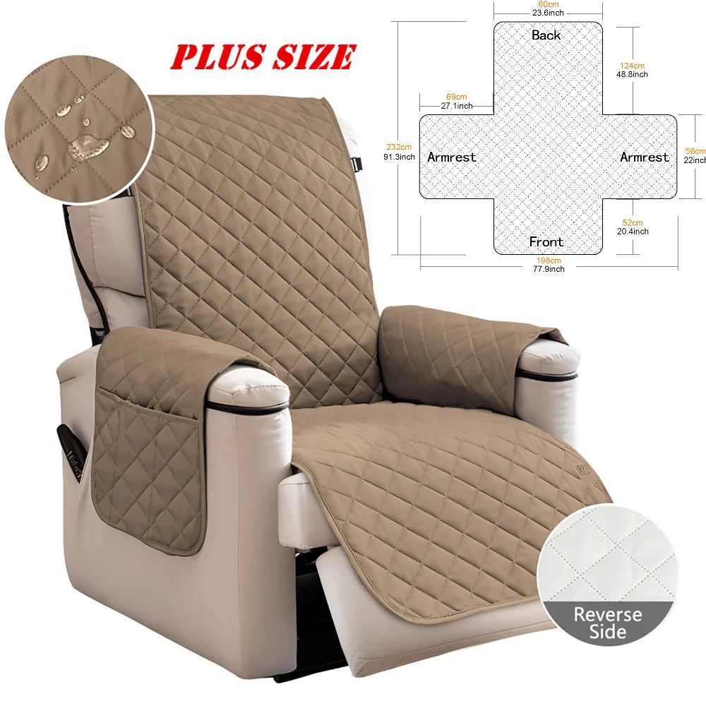 Quilted Recliner Sofa Cover Waterproof Armchairs Slipcovers Dogs Pets Kids Anti-Slip with Side Pockets Elastic Strap Protector