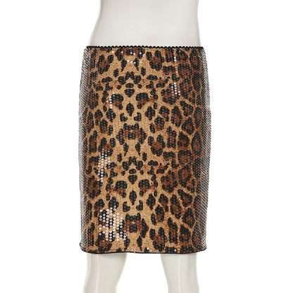 Talenza Leopard Print Skirt Women's Sexy Sequin Patchwork High Waist Mini Skirt Female Evening Party Hotsweet Style Slim Skirts