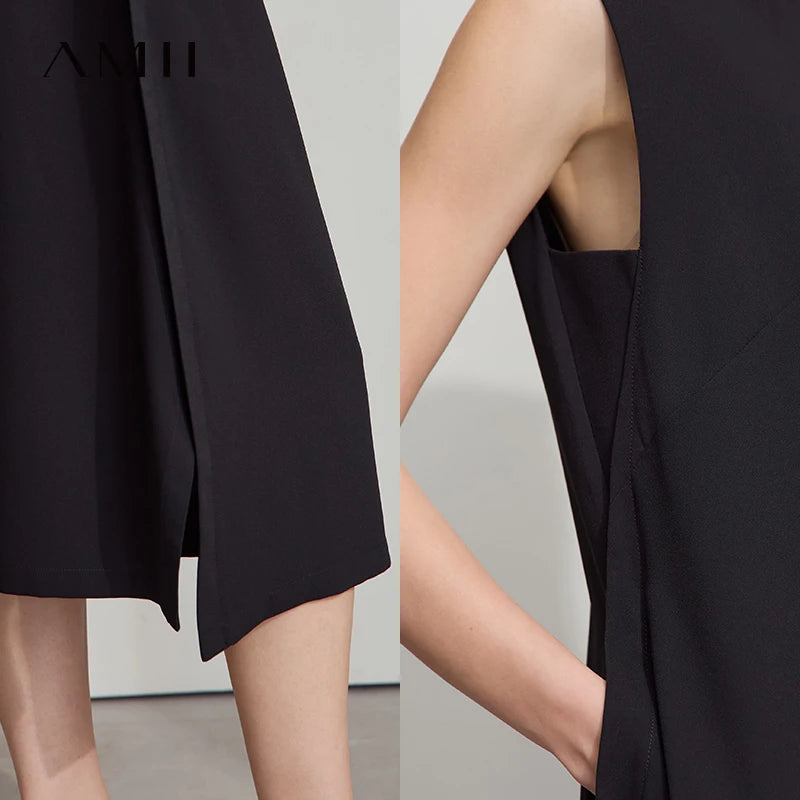 AMII Minimalist Office Lady Dress Women Summer 2025 Sleeveless Solid Round Neck Loose Chiffon Dresses Female Fashion 12522075