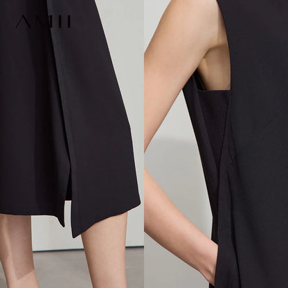 AMII Minimalist Office Lady Dress Women Summer 2025 Sleeveless Solid Round Neck Loose Chiffon Dresses Female Fashion 12522075