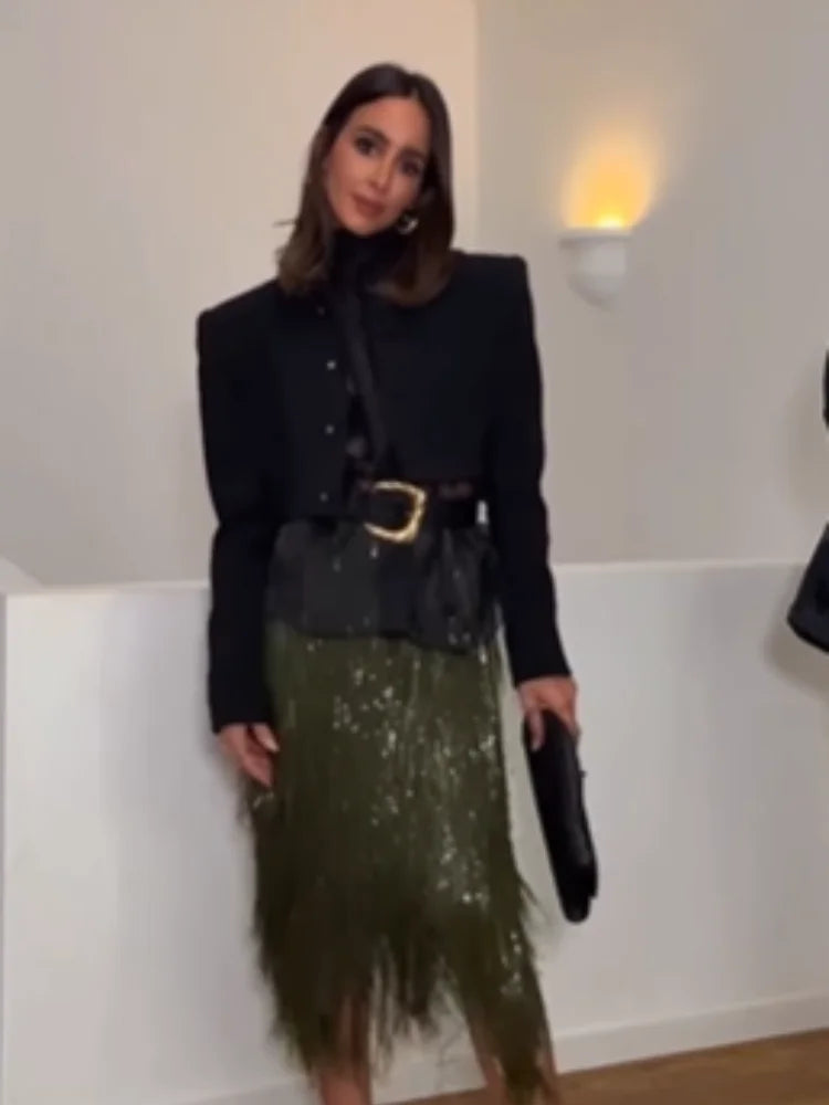 Retro Green Sequin Women Midi Skirt Chic High Waist Bodycon Long Shiny Sequined Bottom Lady Christmas Evening Party Club Skirts