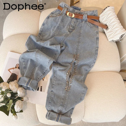 Hot Diamond Harem Jeans Women's 2022 New Summer Sexy Hollow Out High Waist Loose Slimming Denim Trousers Female Blue Baggy Pants