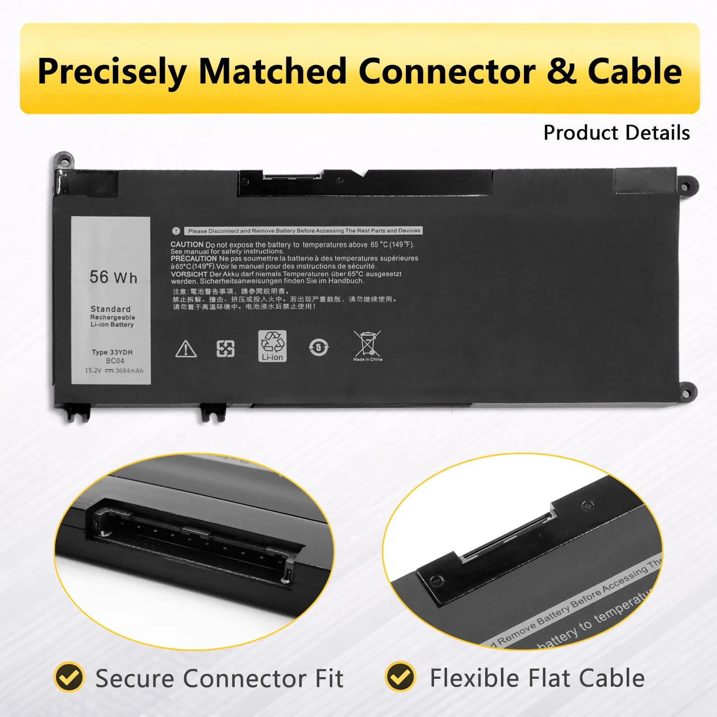 PowerHub 33YDH Battery For Dell Inspiron 15 7577 17 7778 7773 G3 3579 G5 5587 G7 7588 Latitude 3380 3490 3580 3590 15.2V 56Wh
