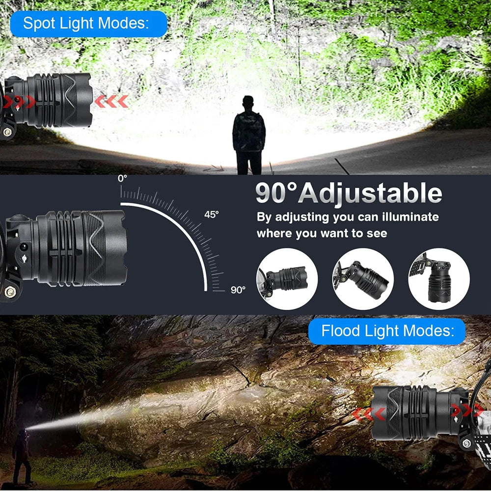 New 10000000LM Most Powerful Headlamp 800W Headlight USB Rechargeable Head Flashlight High Power Outdoor Head Lamp Fishing Light