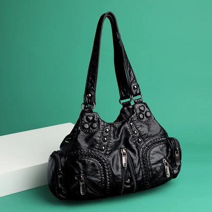 Black Y2k Women Shoulder Bag Vintage Punk Goth Fashion Designer Pu Leather Tote Bag Large Capacity Rivet Motorcycle Handbag