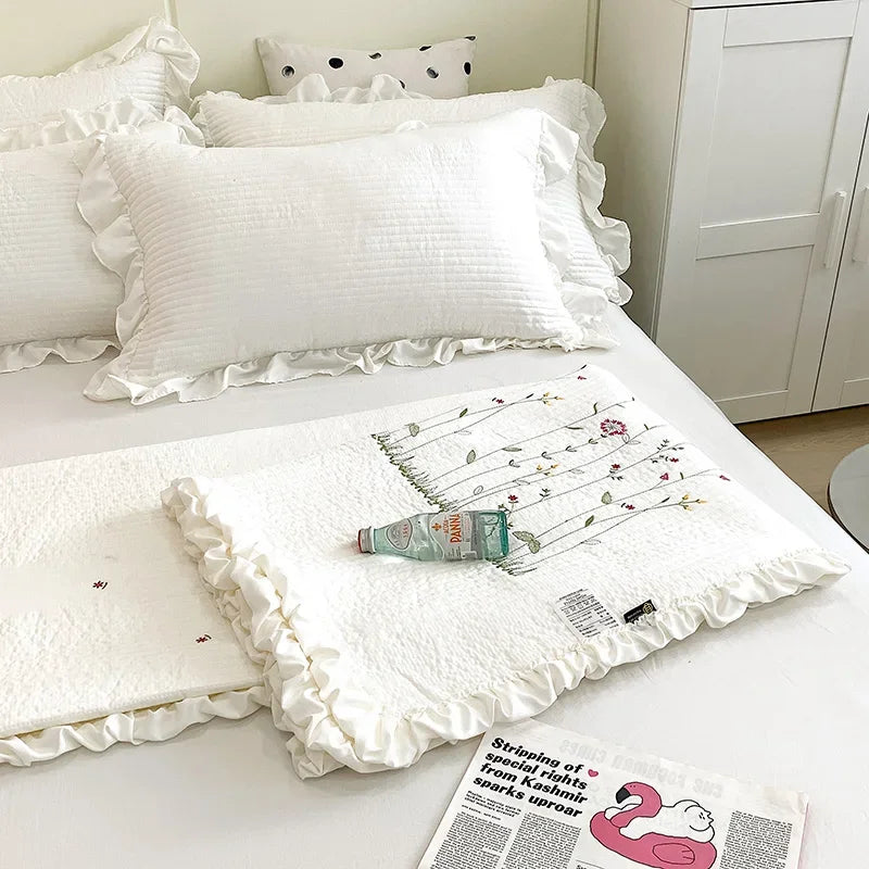 Ruffles Flowers Embroidery Spring Summer Quilt 1/3/4 Pcs Set Princess Quilted Bedspread Air-conditioning Blanket Comforter Duvet