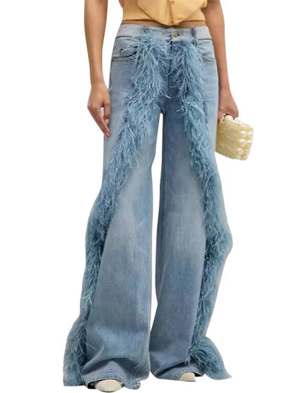 Feather Women's Pants Wide Leg Long Denim Loose High Waist Regular Casual Female Jeans Loose Spring Woman Baggy Basic Trousers