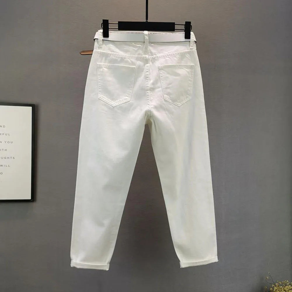 White Black Hole Summer Thin Baggy Jeans Women Streetwear Harajuku Pants Denim Trousers  Hot Drilling Pantalones Mujer
