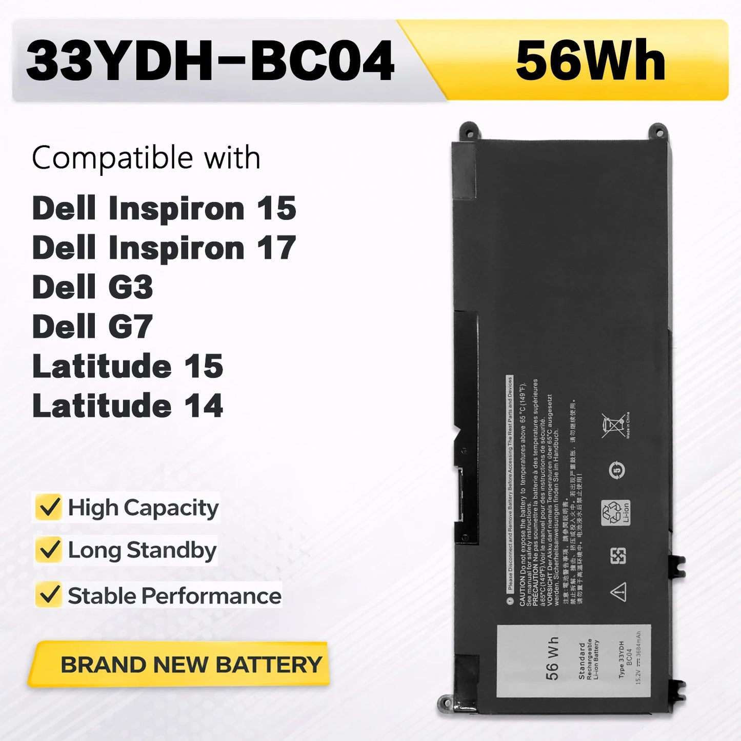 PowerHub 33YDH Battery For Dell Inspiron 15 7577 17 7778 7773 G3 3579 G5 5587 G7 7588 Latitude 3380 3490 3580 3590 15.2V 56Wh
