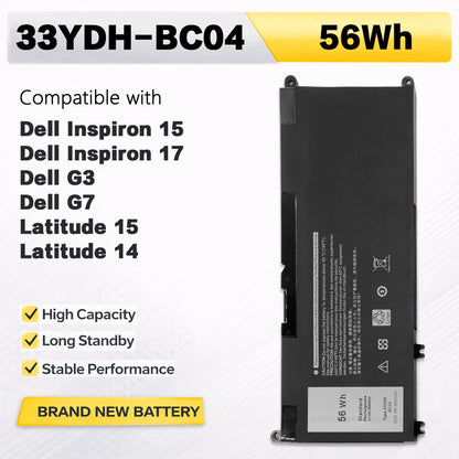 PowerHub 33YDH Battery For Dell Inspiron 15 7577 17 7778 7773 G3 3579 G5 5587 G7 7588 Latitude 3380 3490 3580 3590 15.2V 56Wh