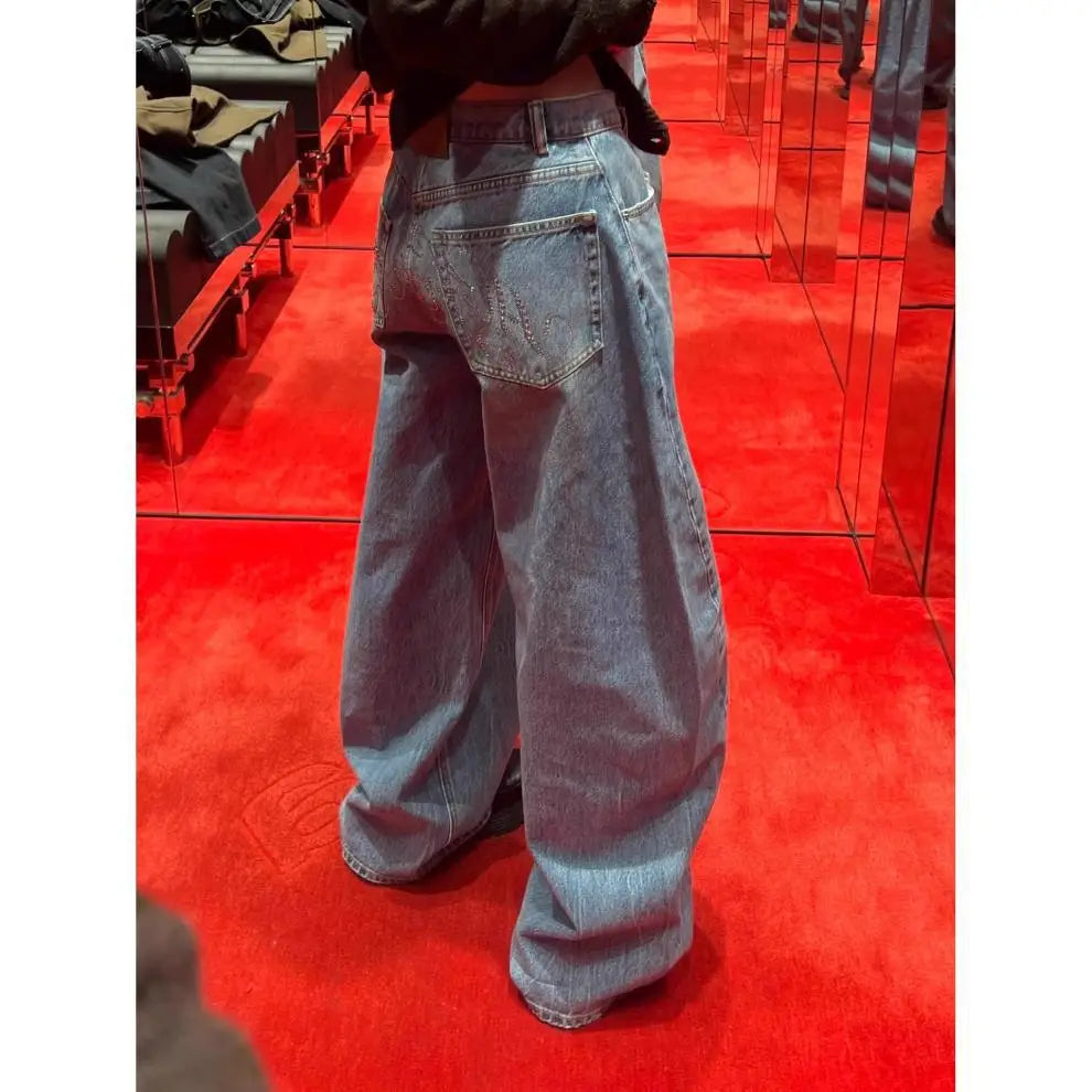 Women Jeans Spliced Straight Pants Jean Denim Washed Full Length Pants Loose Pockets High Waist Zipper Fly Distressed Basics