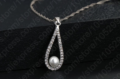 Fine 925 Sterling Silver Jewelry Sets Shiny Zircon Water Drop Pearl Pendant Necklaces Earring Set for Woman Wedding Gift