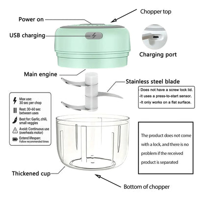 Meat Grinder, Vegetable Chopper, Electric Garlic Chopper, USB Rechargeable Mini Chopper, Small Food Processor, Vegetable Mixer