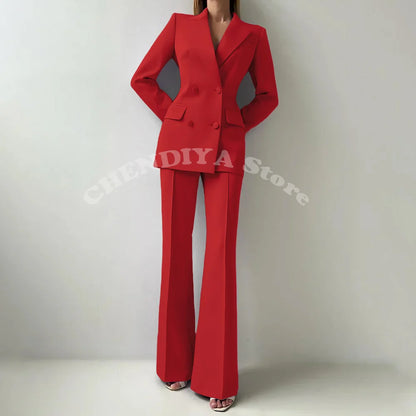Women Suits Sets 2 Piece Elegant Peak Lapel Double Breasted Outfits Fashion Daily Casual Chic Female Suit (Jacket+Pants)