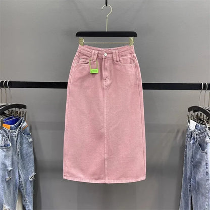 Women's High-waisted Denim Skirt 2026 New Pink A-shaped Back Split Hip Wrap Long Skirt