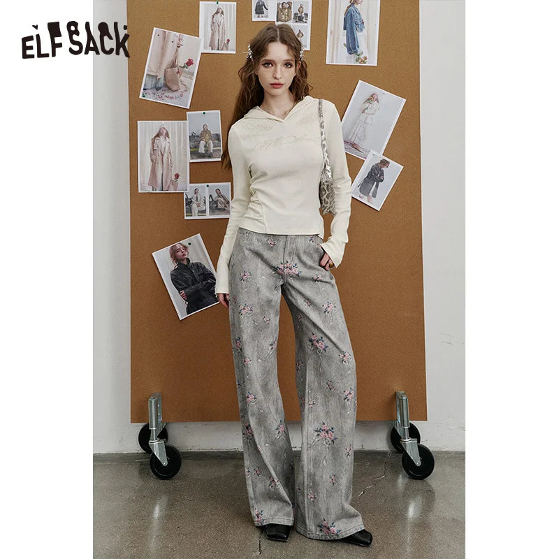 ELFSACK 2025 Spring New Arrivals Retro Flower Printed Wide Leg Cotton Jeans Women Loose Straight Pants