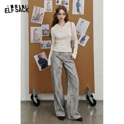 ELFSACK 2025 Spring New Arrivals Retro Flower Printed Wide Leg Cotton Jeans Women Loose Straight Pants