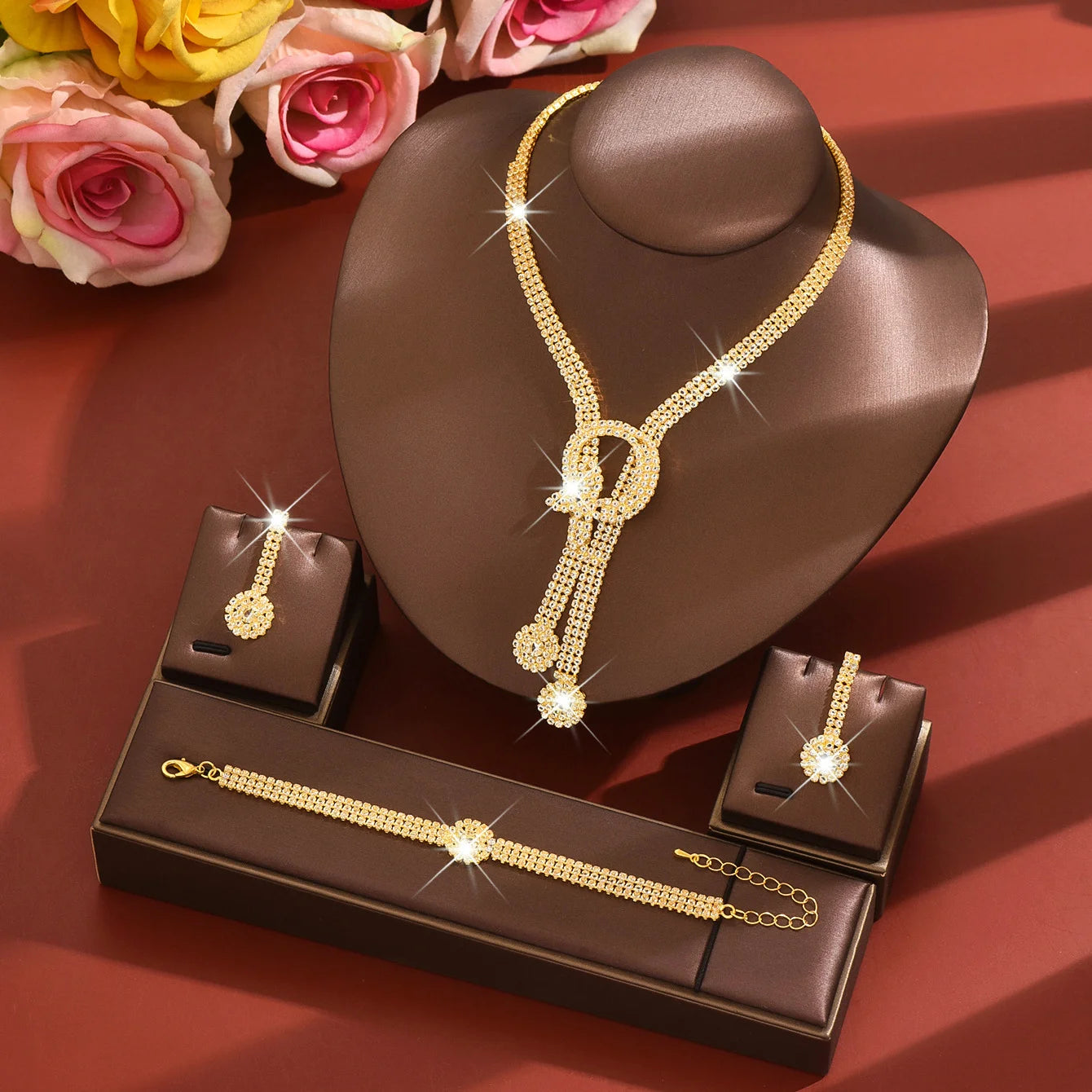 New jewelry set - fashionable, luxurious, heavy-duty, full of diamonds, necklace, earrings, bracelet - for brides and weddings.