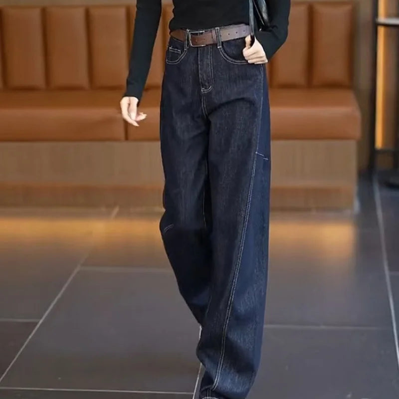 Women's 2026 American Retro Curved Wide Leg Jeans Dark Denim High Waist Casual Trendy Streetwear Trousers Pants