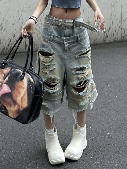 Y2K Fashion New Holes Do Old Washed Baggy Denim Shorts Female Gothic Harajuku Popular Casual Joker High Waist Wide Leg Pants