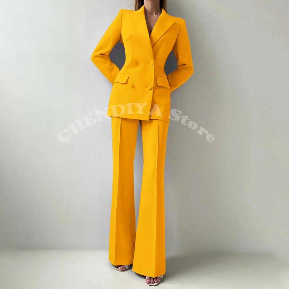 Women Suits Sets 2 Piece Elegant Peak Lapel Double Breasted Outfits Fashion Daily Casual Chic Female Suit (Jacket+Pants)