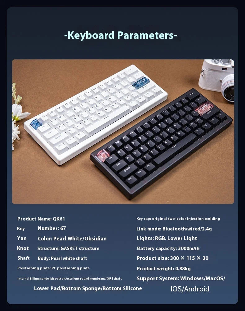 CIDOO QK61 V2 Mechanical Keyboard 60% Layout Gasket Structure VIA Programmable Hot-Swap Three Mode Wireless RGB Keyboard