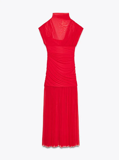 Sexy Red Pleated Mesh Long Red Dress Sleeveless See Through Patchwork A-line Party Dresses Female 2025 Summer Lady Slim Robes