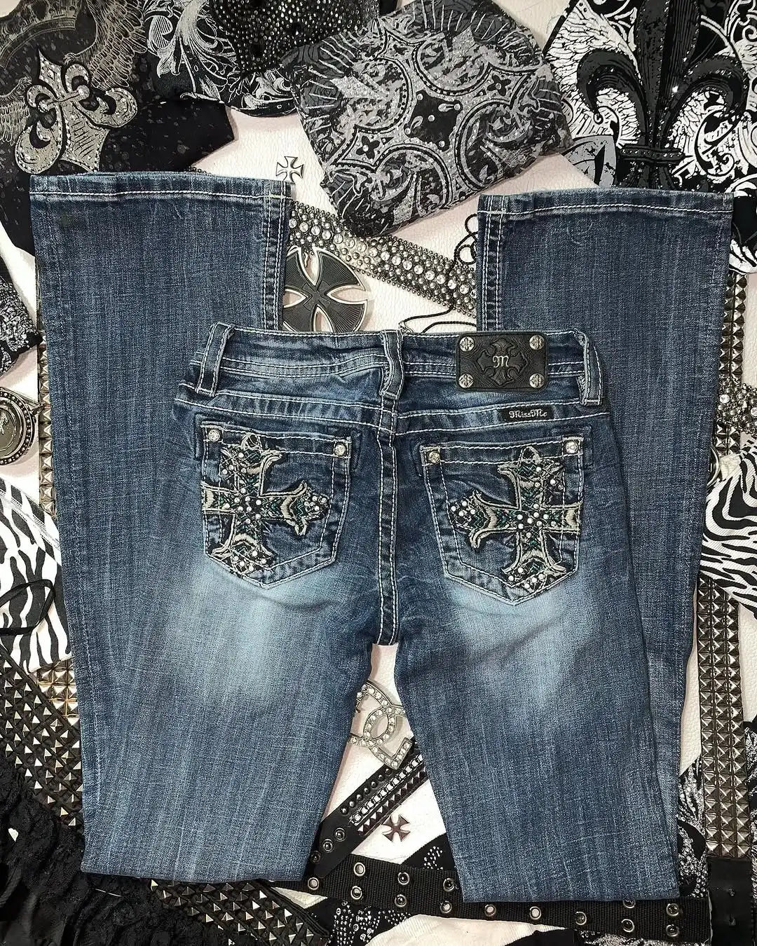 Y2k Retro Gothic High Waited Jeans Hot Diamond Embroidery Pattern Blue Jeans Woman Hip Micro Horn Baggy Jeans Street Clothing