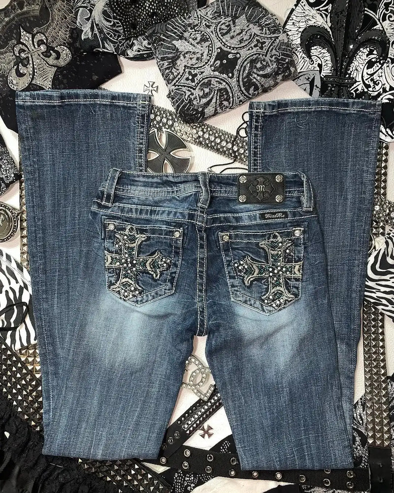 Y2k Retro Gothic High Waited Jeans Hot Diamond Embroidery Pattern Blue Jeans Woman Hip Micro Horn Baggy Jeans Street Clothing