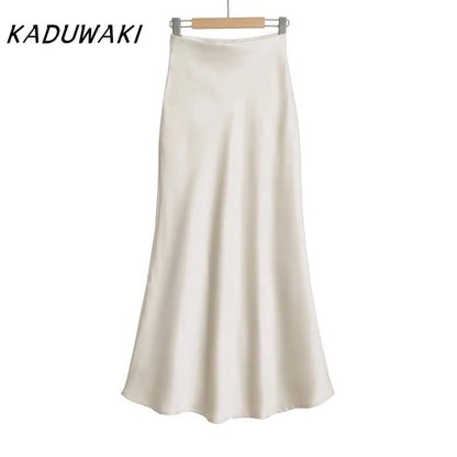 KADUWAKI Summer Long Black Satin Skirts Spring Straight Maxi Champagne Skirts Elegant Women Satin Silk Skirts Long Brown 니트 스커트