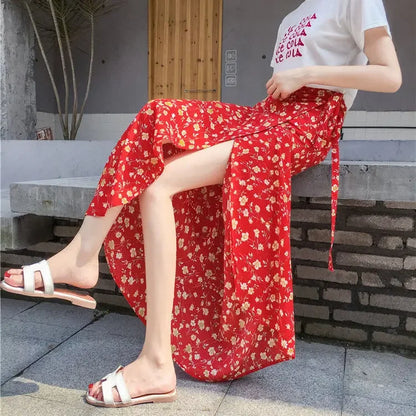 WERUERUYU Wrap Skirts Women Casual Chiffon Tie-Waist Ruffle Wide Leg Loose