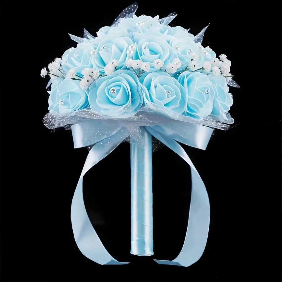 1pc Blue Artificial Rose Bouquet, Real Touch Hydrangea Bouquet, Wedding Engagement Birthday Bride Decoration Bouquet