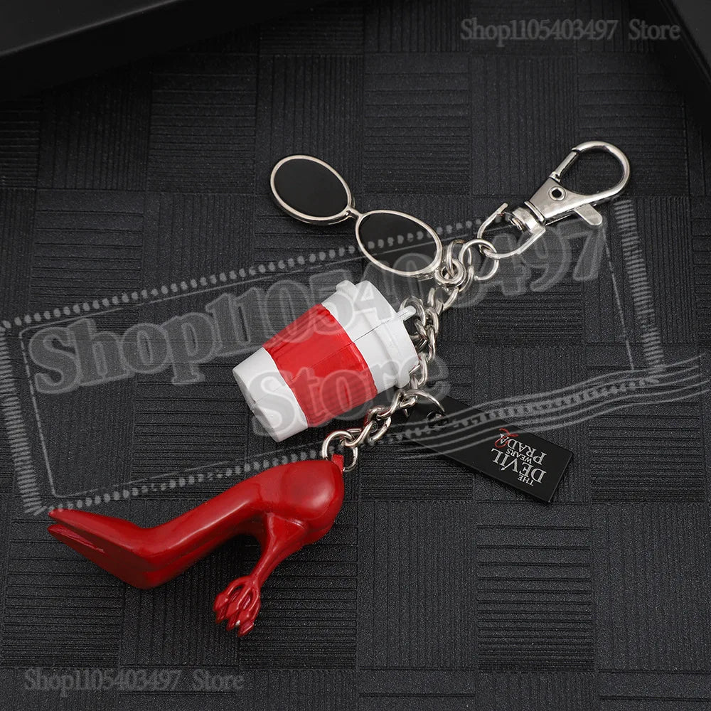 The Devil Wears Pa-Prada-S 2 Movie Keychain with Sunglasses Coffee Cup & High Heels Charms Bag Accessory for Fans