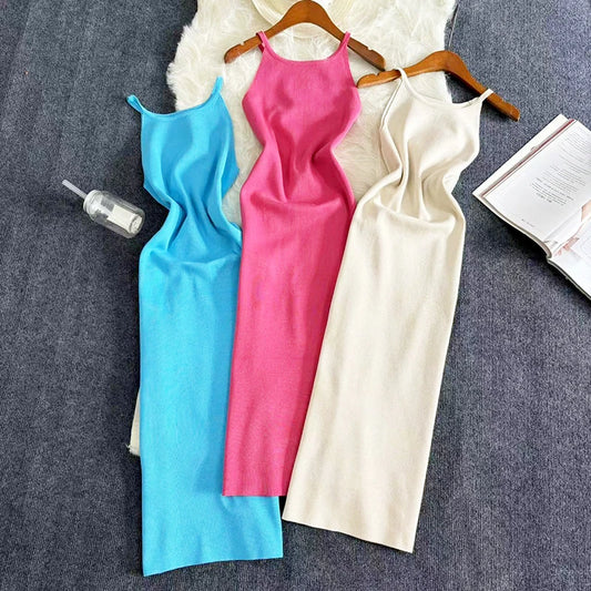 Sexy Summer Knit Strap Dress Women Halter Elatic Waist Bodycon Sundress Female Beach Solid Maxi Long Dress