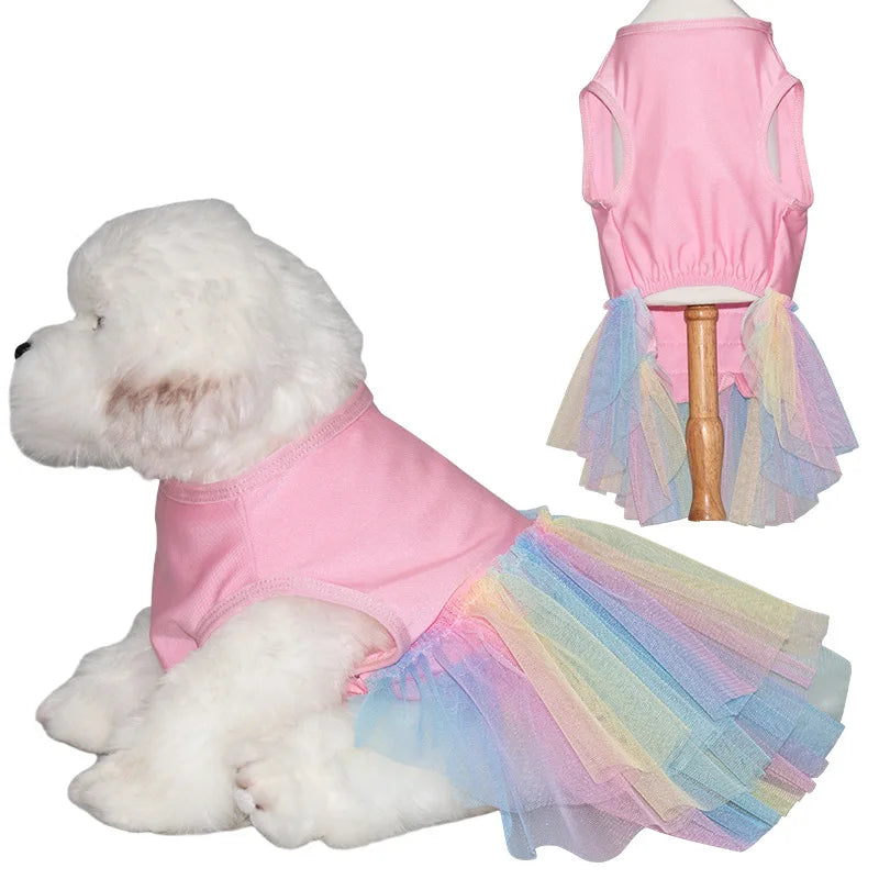 Dog Dress for Small Dogs Cute Rainbow Tulle Skirt Clothes Sweet Princess Pet Dress Breathable Doggy Apparel Summer Dog Clothing