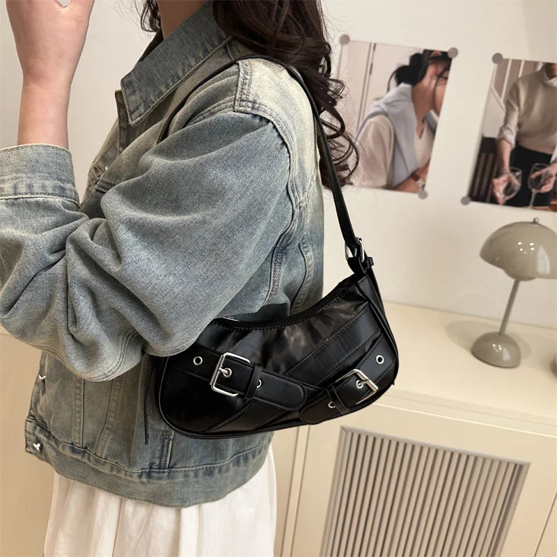 Y2K Vintage PU Leather Women Shoulder Bag Small Crossbody Bag Fashion Ladies Underarm Bag Clutch Purse and Handbag