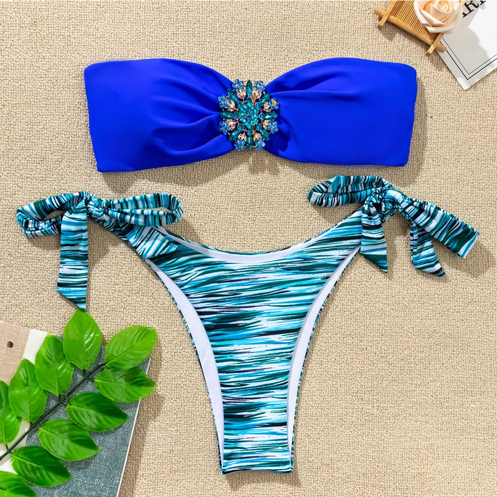 Rhinestone Flower Accessories Swimsuit Women 2023 2-piece Mini Bikini Sexy Strapless Backless Bathing Suit Summer Beach Swimwear