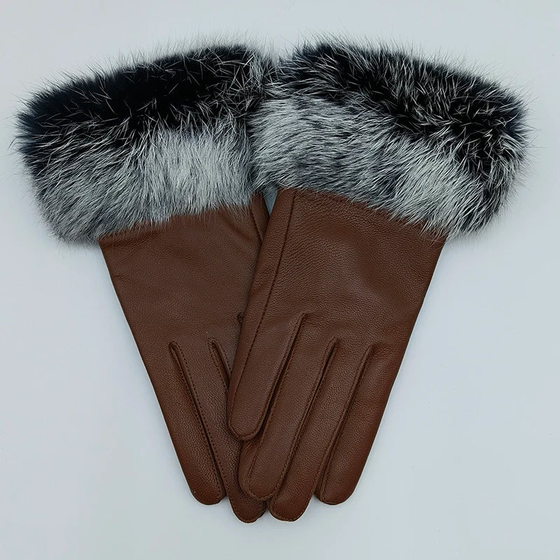 2025 Women Winter Warm Genuine Sheep Leather Glove With Real Fur Trimming Female Warm Real Leather Fur High Quality Mittens