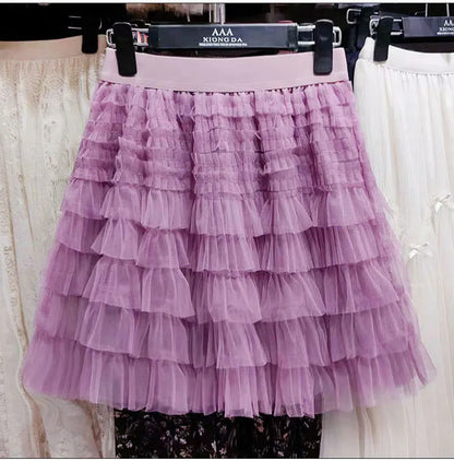 New In 2025 Summer Tulle A-Line Cake Skirts Women Elastic High Waist Tutu Short Skirt Korean Fashion Sweet Tutu Streetwear Skirt