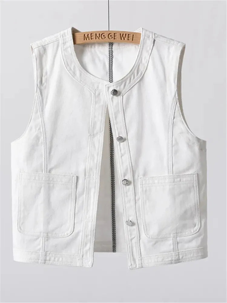 Denim Vest Women's Fashion 2025 New Spring Summer Thin Waistcoat Sleeveless Jacket Top White Cardigan Female Outerwear